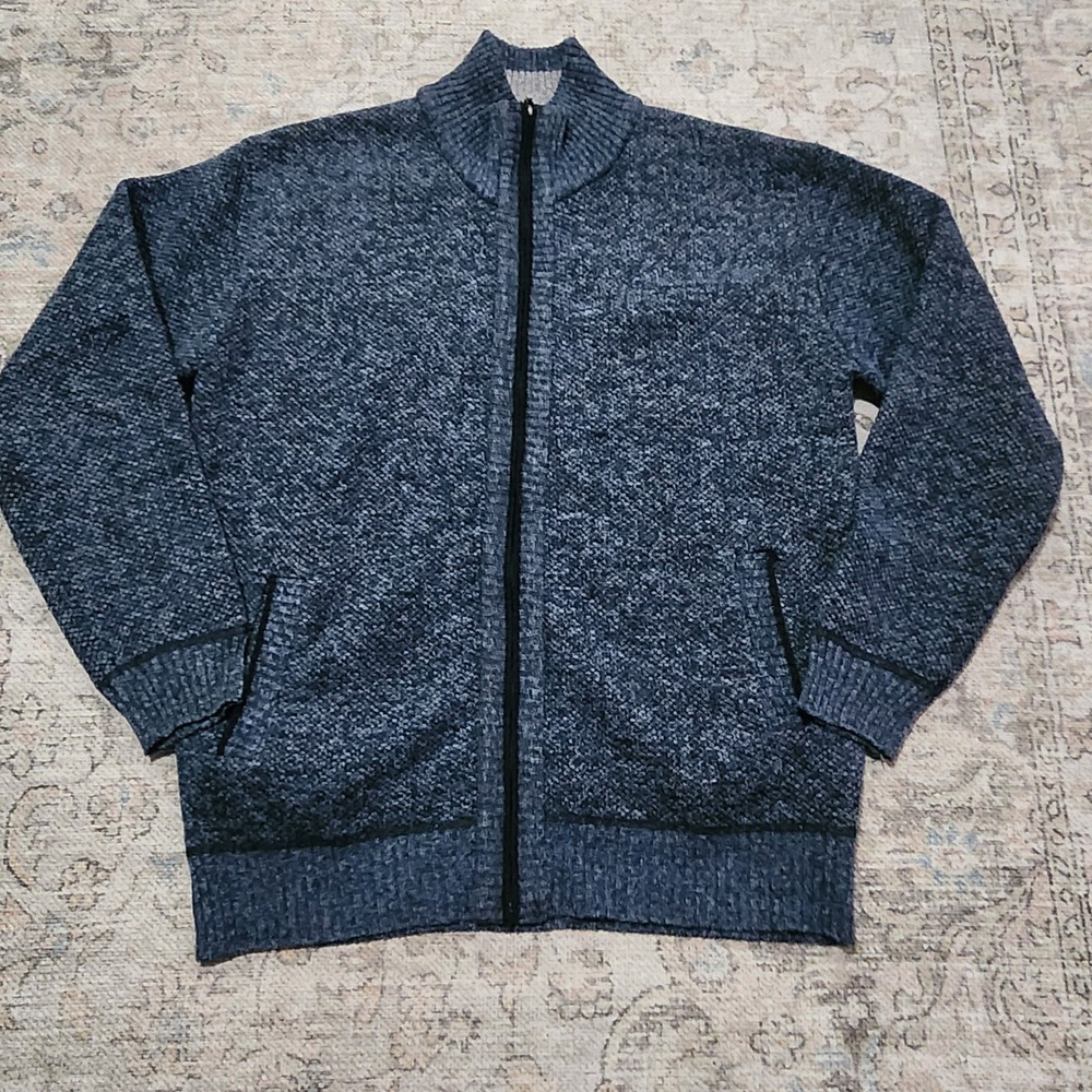 Mens Blue Marled Full Zip Knit Cardigan Sweater Plaid Fleece Lined Mock Neck L